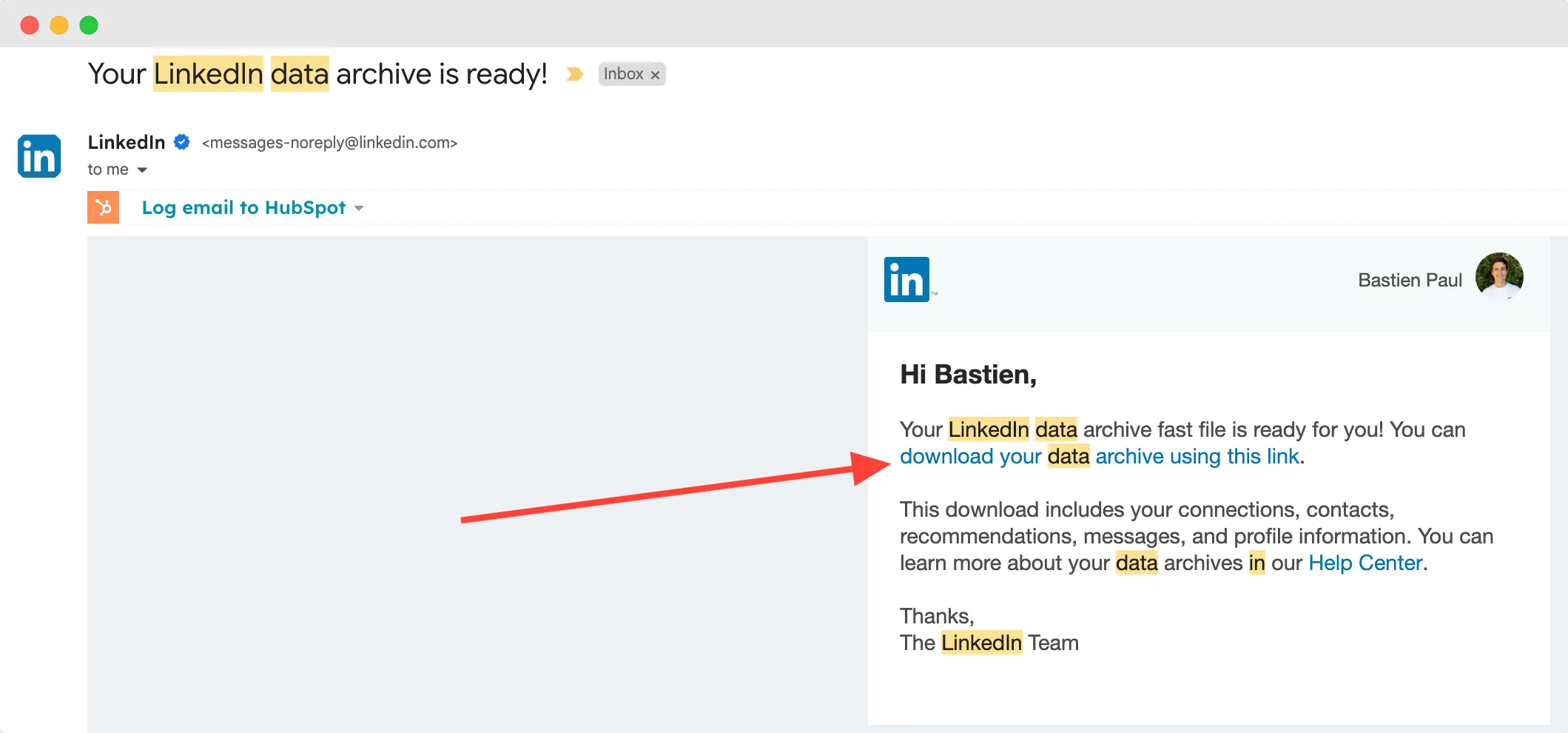 descargar archivo de datos de LinkedIn correo gmail