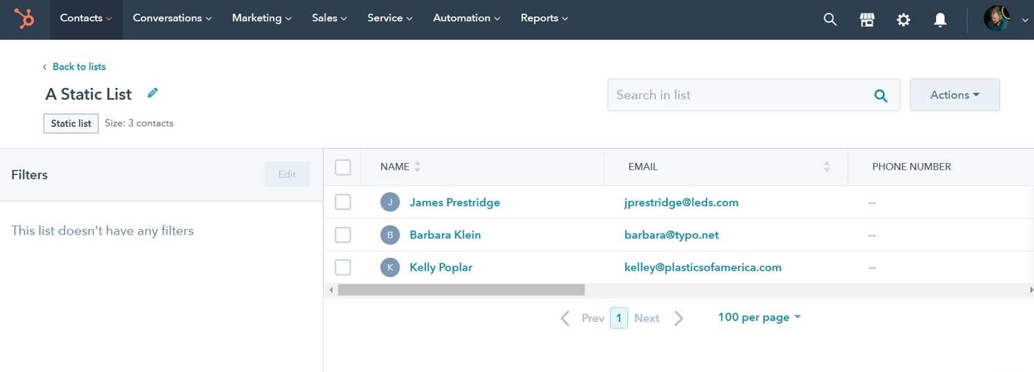 Panel de contactos de una lista estática en HubSpot