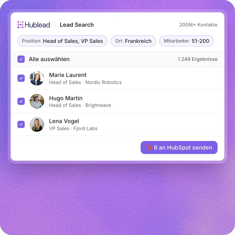 Hublead Lead Search: eine Liste von LinkedIn-Kontakten, mit einem Klick mit HubSpot synchronisiert