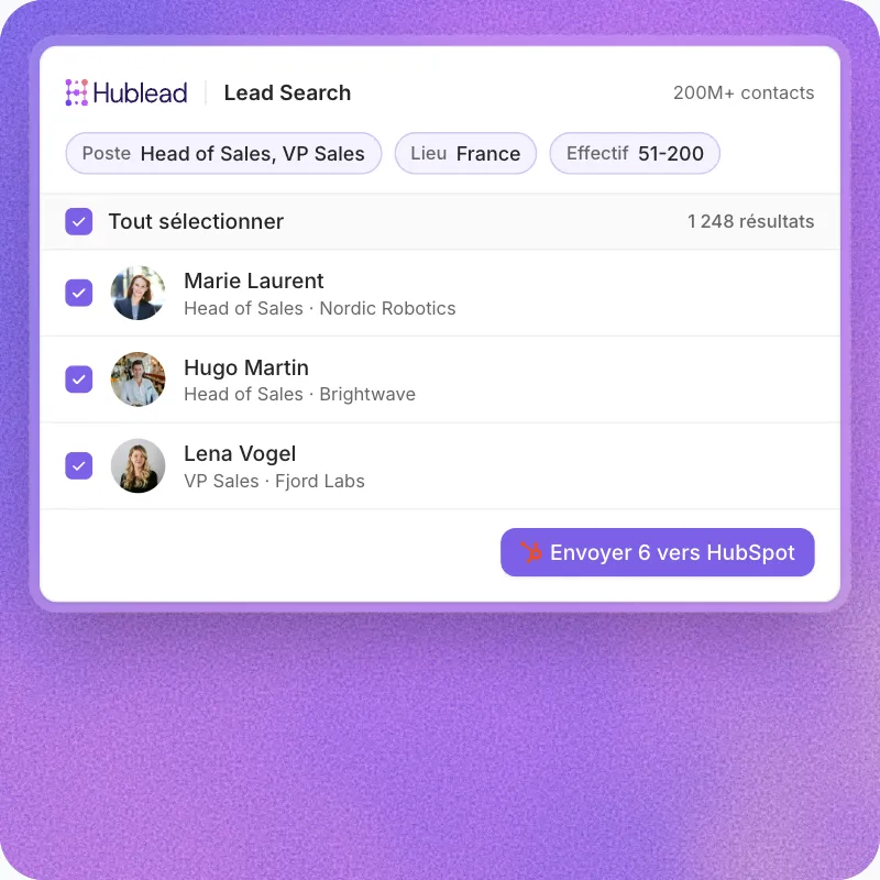 Lead Search de Hublead : une liste de contacts LinkedIn synchronisée avec HubSpot en un clic